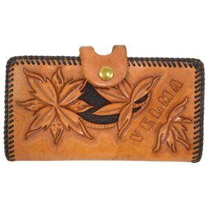 Vintage Leather Wallet Hand Tooled Embossed VELMA Monogram Snap Clasp Coin Purse